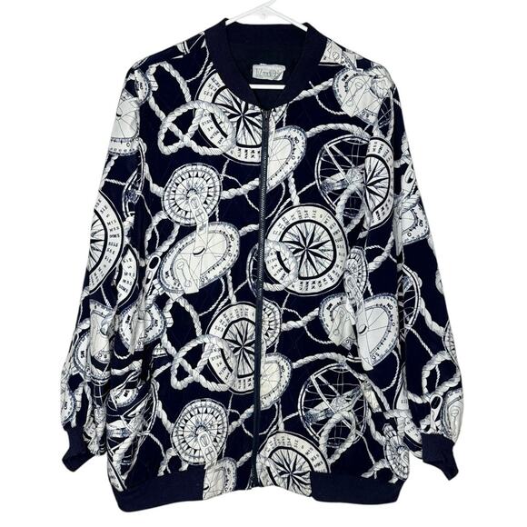 Vintage Liz Moody nautical print silk quilt jacket navy & white size large - Picture 1 of 11
